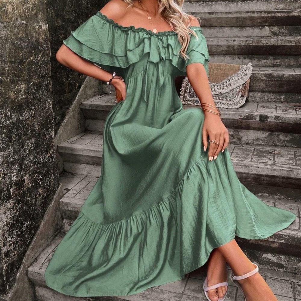 Green Boho Womens Off Shoulder Ruffle Trim Tie Front Ruffle Hem Dress